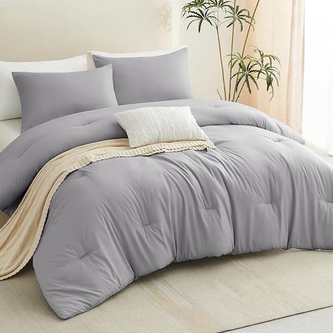 CozyLux King Size Comforter Set Grey, 3 Pieces Solid Comforters King Size Breathable Quilted Bedding Sets, Gray Luxury Soft Lightweight Bed Set with Down Alternative Comforter and 2 Pillowcases