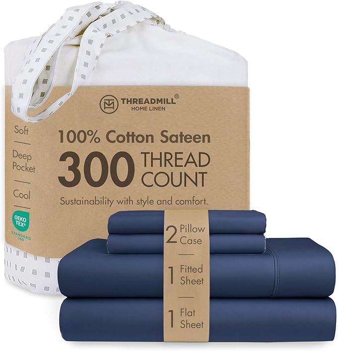 Threadmill Cotton Queen Sheet Set | 100% Cotton Sheets for Queen Size Bed | Solid Sateen Queen Bed Sheets Set with 16” Deep Pocket | Soft Breathable 4-Piece Cooling Bedding Sheet Set | Folkstone Blue