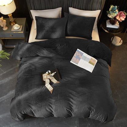 Ivellow Velvet Duvet Cover Queen Set - Charcoal Gray 3Pcs Ultra Soft Breathable Solid Luxury Flannel Velour Comforter Cover With Zipper Closure and Corner Ties
