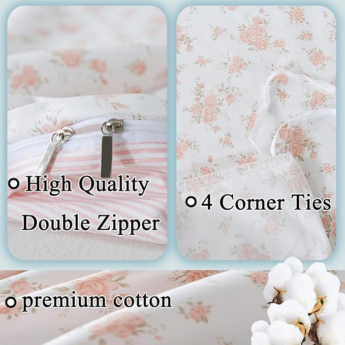 FADFAY Full Duvet Cover Set Pink Floral Comforter Cover 100% Cotton Girls Pink White Flower Bedding Garden Style Blush Bedding for All Season Soft Bedding with 2 Pillowcases, Full