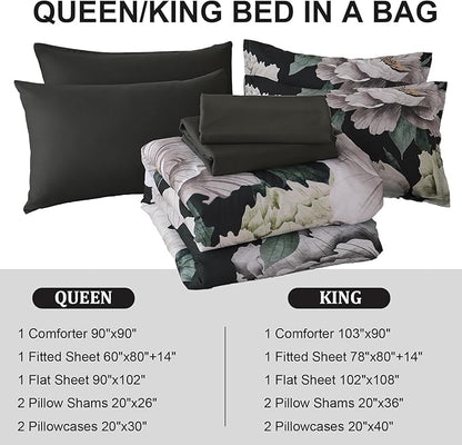 Dobuyly Black Comforter Set King Size 7 Piece Bed in a Bag, Floral Comforter Set with Sheets, Soft Microfiber Botanical Flower Bedding Set for All Season
