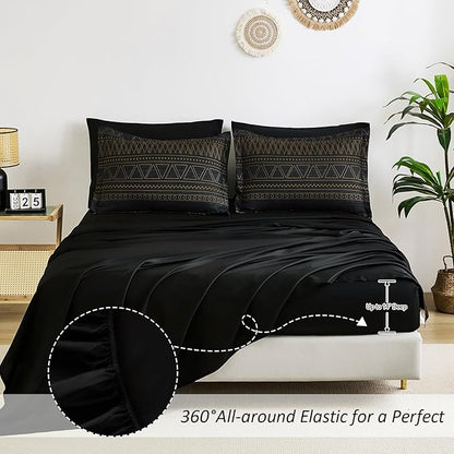WONGS BEDDING King Size Comforter Set 7 Pieces, Boho Black Gold Geometric Striped Comforter for King Bed in a Bag, Soft Microfiber Bedding Set with Pillowcases, Flat Sheet, Fitted Sheet, Pillow Shams