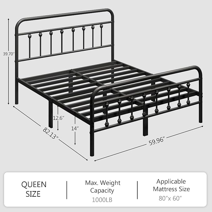 zunatu Queen Size Metal Bed Frame with Victorian Style Headboard and Footboard, Steel Slat Support Platform Bed, No Box Spring Needed, Under Bed Storage, Easy Assembly, Black