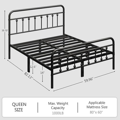 zunatu Queen Size Metal Bed Frame with Victorian Style Headboard and Footboard, Steel Slat Support Platform Bed, No Box Spring Needed, Under Bed Storage, Easy Assembly, Black