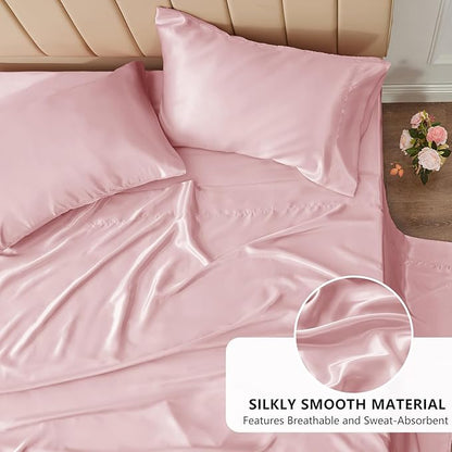 CozyLux Satin Sheets Twin Sheet Set - 3 Piece Silky Twin Bed Sheets, Luxury Dirty Pink Sheet Twin Size Bed Set with Smooth and Soft Microfiber, Includes 1 Fitted Sheet, 1 Flat Sheet and 1 Pillowcase