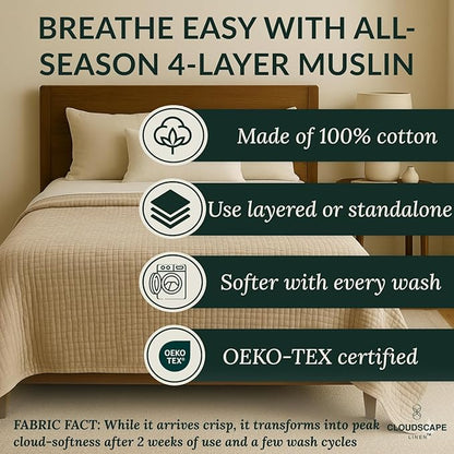 CLOUDSCAPE 100% Cotton Muslin Blanket King Size for Bed - Oversized 4 Layer 108x92 Fits Upto Cal King Bed - Soft Breathable, Gauze, Lightweight, All Season, Summer Layering Blankets for Adults - Fog
