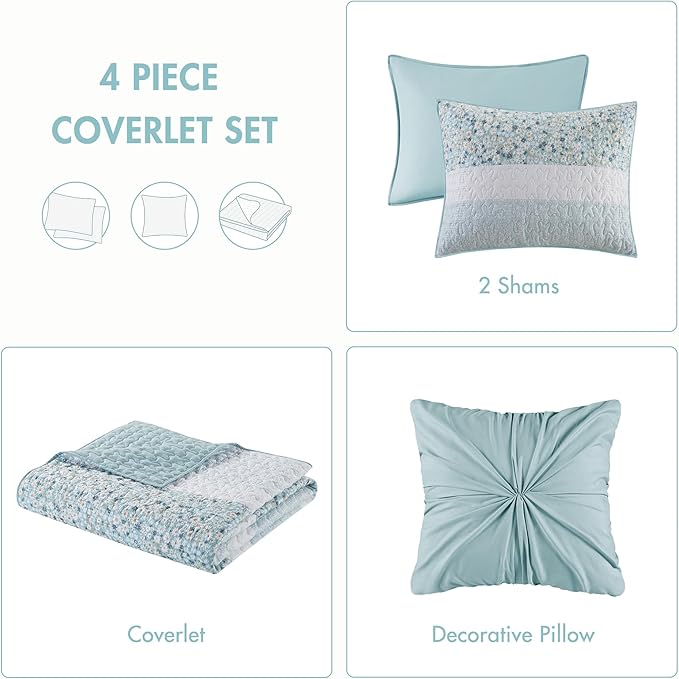 Madison Park King Quilt Set, Seersucker Floral Coverlet, All Season Lightweight Microfiber Bedding Quilt Set, Vermicelli Quilting Design, Throw Pillow, Caralie, King/Cal King Aqua 4 Piece