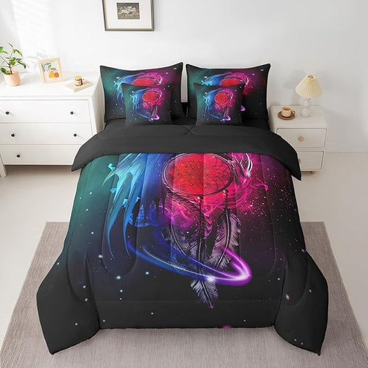 Erosebridal Gothic Dragon Dream Catchers Bed in a Bag King Size Comforter Set 7 Pieces,Purple Blue Galaxy Bohemian Feather Bedding Sets Antique Animal Pterosaur Sheet Set with Comforter