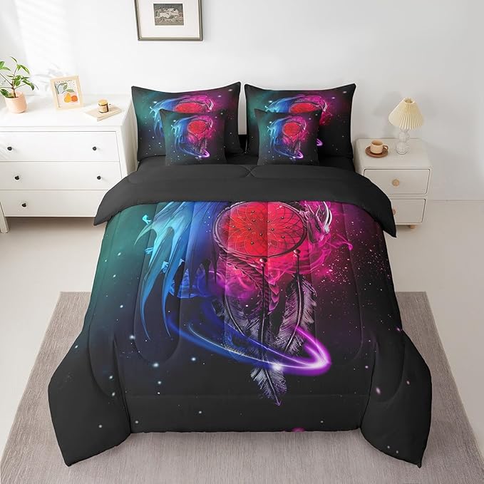 Erosebridal Gothic Dragon Dream Catchers Bed in a Bag Queen Comforter Set 7 Piece,Purple Blue Galaxy Bohemian Feather Bedding Sets Antique Animal Pterosaur Sheet Set with Comforter