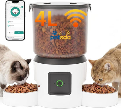 Automatic Cat Feeder for 2 Cats 4L Timed Dry Food Dispenser WiFi 9 Meals Programmable 1-15 Portion Per Day with APP Control Double Bowl Dual Power Supply with 2 Stainless Bowl for Multi-Pet Easy Clean