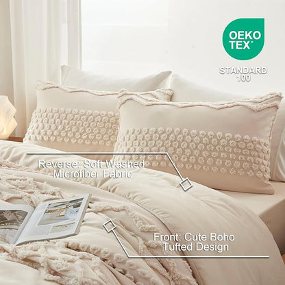Luxudecor Beige Tufted Comforter Set Queen Size 3 Pieces Boho Shabby Chic Comforter Farmhouse Embroidery Bedding Set Soft Comforter for All Seasons (Beige, 90''x90'')