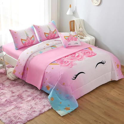 JQinHome Unicorn Queen Bedding Sets for Girls Kids,6 Piece Bed in A Bag 3D Colorful Flower Girl Unicorn Comforter Set(1 Comforter,2 Pillowcases,1 Flat Sheet,1 Fitted Sheet,1 Cushion Cover)