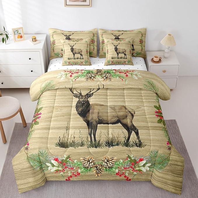 Reindeer Bed in a Bag King Size Comforter Set 7 Pieces,Woodland Animals Bedding Sets Rustic Elk Deer Moose Sheet Set with Comforter