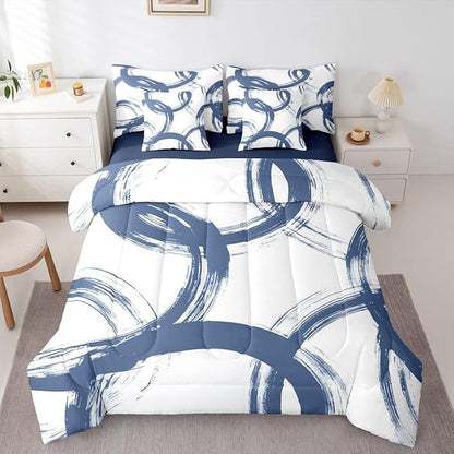 Erosebridal Blue and White 7 Piece Comforter Set Queen Abstract Line Ink Painting Bedding Set for Kids Boys Girls Simple Minimalist Graffiti Art Modern Geometric Sheet Set Boho Cool Unique Mens Quilt
