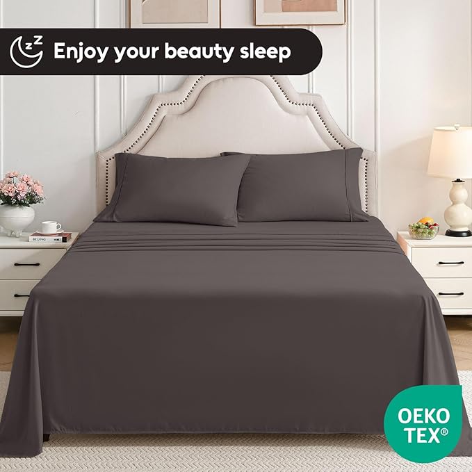 Twin Sheets Set, 3 Pieces Hotel Luxury Soft Microfiber Bed Sheets Set, Up to 16" Deep Pockets, Oeko-Tex Sheets with Elastic, Breathable, Wrinkle Free (Dark Gull Gray,Twin)