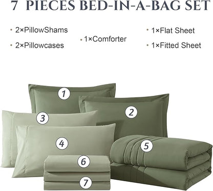 Monbix Full Comforter Set - 7 Pieces Light Sage Green Bed in a Bag Full Size Bedding Sets with Comforters, All Seasons Comforter with Sheets, Pillowcases & Shams