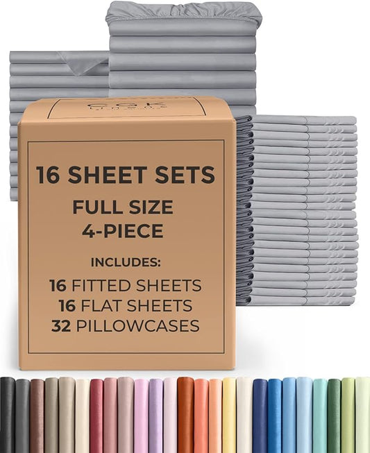 Bulk Case Pack of 16 Sheet Sets - (16) Complete Full Size Sheet Sets with Deep Pockets - Wholesale Bulk Bedding for Hotels, Spas & Airbnbs - Breathable, Cooling and Wrinkle Free - (Full, Steel Blue)