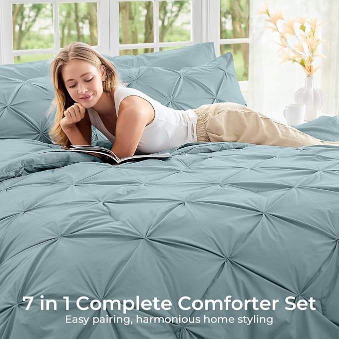Sasttie Full Size Comforter Set, 7-Piece Bed in a Bag, Pintuck Bedding Sets for All Season, Includes Comforter, Flat Sheet, Fitted Sheet, Pillowcases and Pillowshams, Greylish Blue