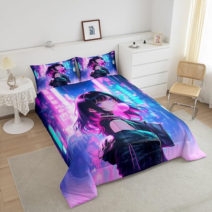 Erosebridal Anime Girl Comforter Set King Size, Kawaii Japanese Anime Quilt for Kids Boys Teens Adult, Cartoon Girl Bedding Set Japan Animation Bedroom Decor, Machine Washable, Lightweight