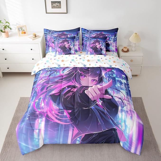 Erosebridal Kids Anime Girl 7 Piece Comforter Set Queen Bed in A Bag, Japanese Anime Bedding Sets, Cartoon Girl Sheet Set with Comforter for Boys Teens Adult, Kawaii Japanese Animation Bed Sets