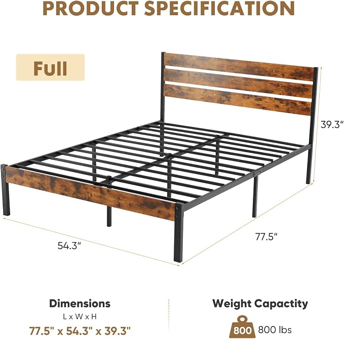 OLIXIS Full Size Bed Frame with Headboard, 800LBS Mattress Foundation with All Sturdy Metal Support, Under Bed Storage, No Box Spring Needed, Easy Assembly, Rust Brown