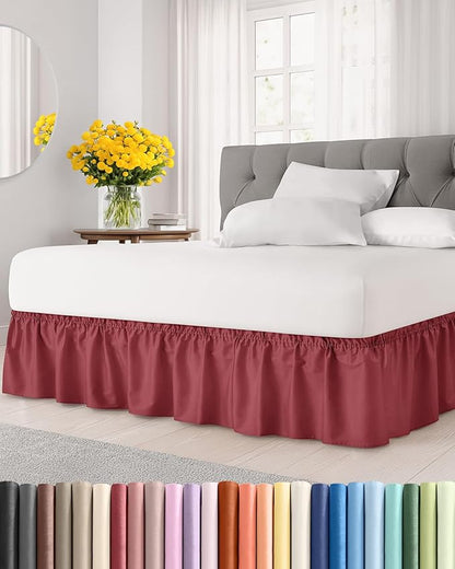 Wrap Around Dust Ruffle Bed Skirt - Burgundy - for Queen Size Beds with 21 Inch Drop - Elastic Strap - Adjustable Pleated Bedskirt with Brushed Fabric and Wrinkle Free - for Women, Men, Kids & Teens