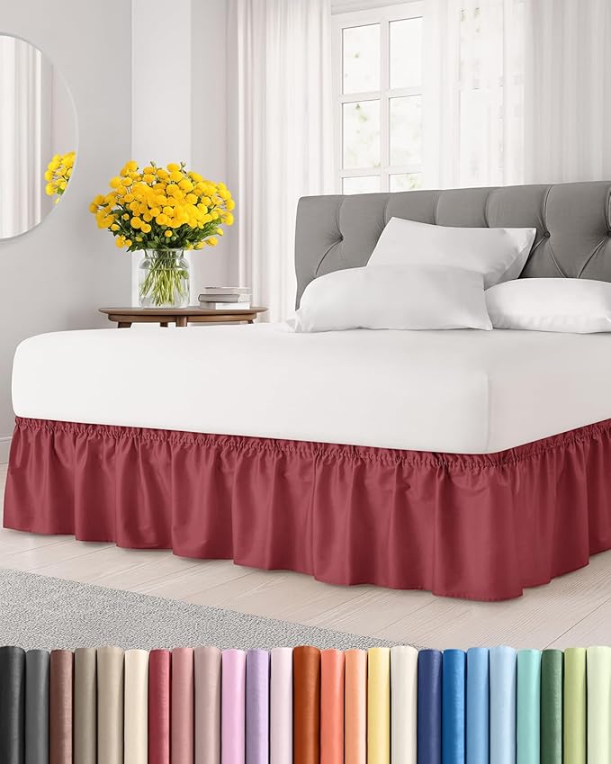 Wrap Around Dust Ruffle Bed Skirt - Burgundy - for King Size Beds with 21 Inch Drop - Easy Fit Elastic Strap - Adjustable Pleated Bedskirt w/Brushed Fabric Wrinkle Free - for Women, Men, Kids & Teens