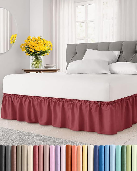 Wrap Around Dust Ruffle Bed Skirt - Burgundy - for Full Size Beds with 18 Inch Drop - Easy Fit Elastic Strap - Adjustable Pleated Bedskirt w/Brushed Fabric Wrinkle Free - for Women, Men, Kids & Teens