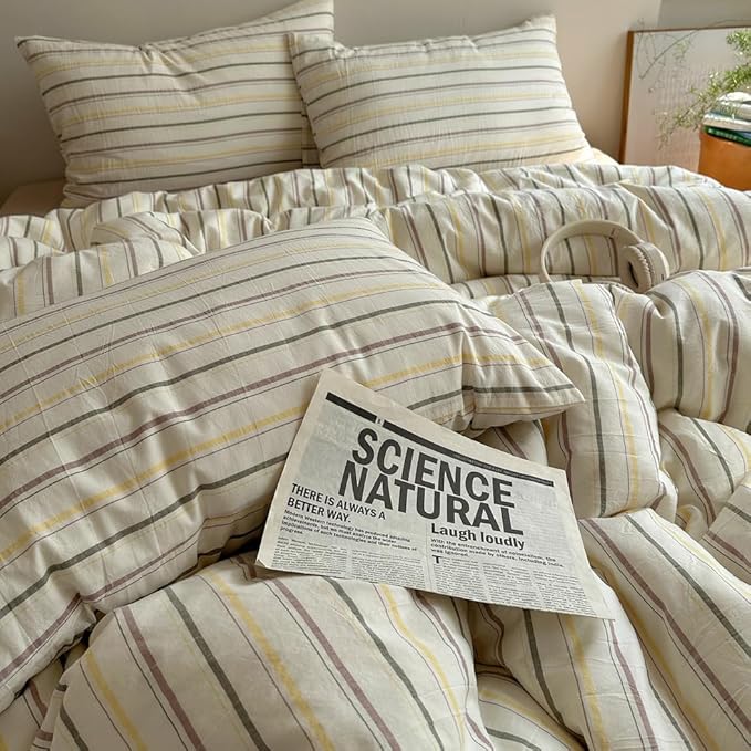 EAVD Retro Striped Duvet Cover Set Queen Size 100% Cotton Chic Stripes Printed Bedding Set with 2 Pillowcases Vintage Geometric Pattern Duvet Cover with Zipper Closure(Yellow&Green&Brown, Queen)