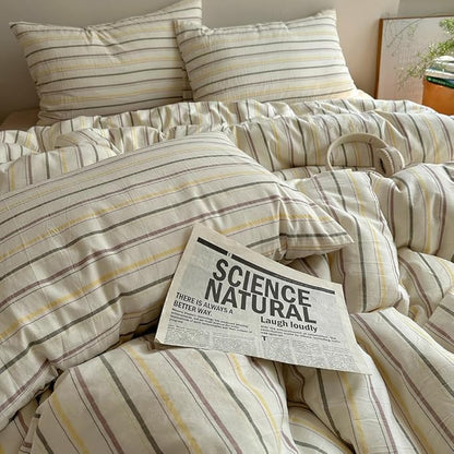 EAVD Retro Striped Duvet Cover Set Queen Size 100% Cotton Chic Stripes Printed Bedding Set with 2 Pillowcases Vintage Geometric Pattern Duvet Cover with Zipper Closure(Yellow&Green&Brown, Queen)