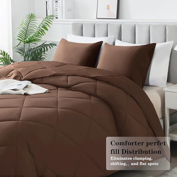 3-Piece Full Comforter Set,All-Season,Soft & Hypoallergenic &Breathable Bedding,Polyester Quilted,Down Alternative(Comforter*1 & Pillowcases*2),Chocolate