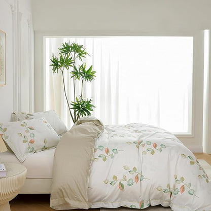 OAITE Duvet Cover Set Queen Size Floral Pattern Ultra Soft 100% Cotton Duvet Cover Sets 3-PC, Breathable Duvet Cover with Zipper Closure & Corner Ties(2 Pillow Shams,1 Duvet Cover)