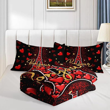 Eiffel Tower King Size Comforter Sets,Red Loving Heart Romantic Couple Bedding Set,Paris Bedding Comforter Sets for Women Room Eiffel Tower Decor with 2 Pillowcases.