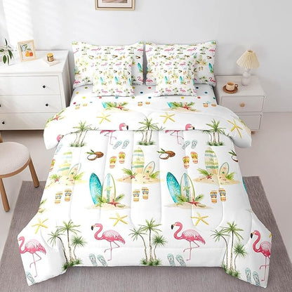 Summer Seaside Beach Reversible 7 Pieces Comforter Set,Tropical Coconut Tree Bed Sheet Set for Kids Teens Boys,Hawaiian Flamingo Surfboard Bedding Set with Comforter,Fitted & Flat Sheet,Queen