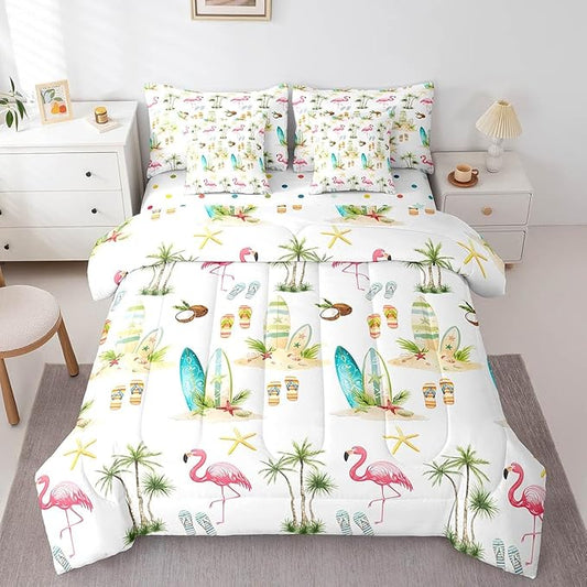 Summer Seaside Beach Reversible 7 Pieces Comforter Set,Tropical Coconut Tree Bed Sheet Set for Kids Teens Boys,Hawaiian Flamingo Surfboard Bedding Set with Comforter,Fitted & Flat Sheet,Full