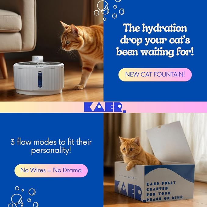 KAER Wireless Cat Water Fountain, 2.8L, Battery Operated, BPA-Free, Stainless Steel, Ultra-Quiet Pet Fountain with 3 Water Flows & Smart Motion Sensor, Aesthetic Bowl, 5-Layer Filtration, 4000mAh