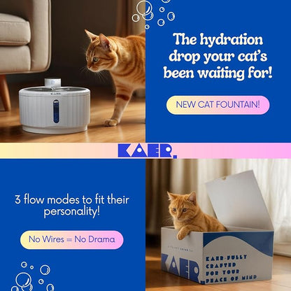 KAER Wireless Cat Water Fountain, 2.8L, Battery Operated, BPA-Free, Stainless Steel, Ultra-Quiet Pet Fountain with 3 Water Flows & Smart Motion Sensor, Aesthetic Bowl, 5-Layer Filtration, 4000mAh