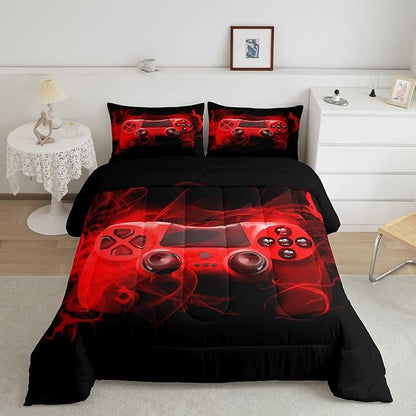 Feelyou Kids Gaming Comforter Set Queen Size Gamer Bedroom Decor for Boys Girls Teens Video Game Controller Bedding Set Youth Gaming Console Comforter Red Black with 2 Pillow Case