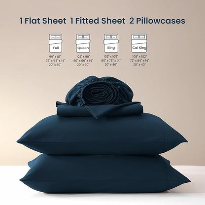 SLEEP ZONE Nanotex Super Soft Cooling Full Size Bed Sheets Set 4 Piece - Easy Care Fitted Flat Sheet & Pillowcase Sets - Wrinkle Free, Fade Resistant, Deep Pocket 16" (Navy Blue, Full)