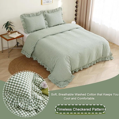 Sage Green/White Plaid Ruffle Duvet Cover Twin Size,100% Washed Cotton 3 Pcs Vintage Checkered Chic Gingham Farmhouse Bedding Set Comforter Cover Set