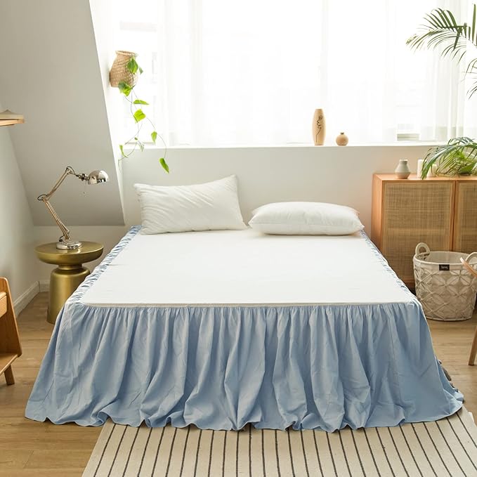 BISELINA French Linen Bed Skirt with Pleated Frills 14-Inch Tailored Drop Natural Flax Cotton Blend Dust Ruffle Soft Cozy Farmhouse Bedding (14" King, Dusty Blue)