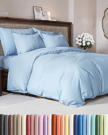 Duvet Cover Queen Size Set - Extra Soft Queen Duvet Cover 90" x 90" with 2 Pillow Shams - Hotel Luxury, Easy Care & Fade Free w/ Zipper Closures & Ties - All Season, Comfy and Breathable (Sky Blue)