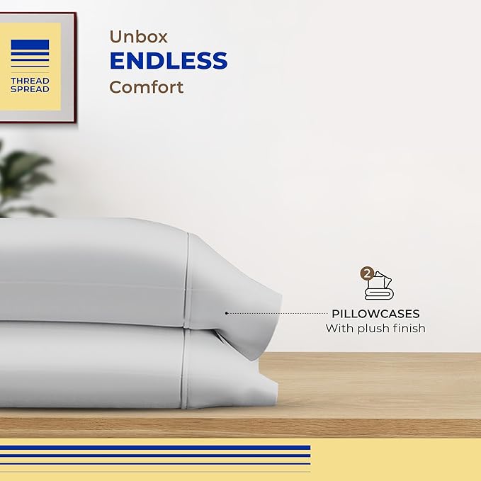 Thread Spread 100% Egyptian Cotton Pillow Cases Queen Size Set of 2 - Luxury 600 Series Bliss Collection Queen Pillow Cases (Silver Grey), Soft Cooling Hotel Cotton Pillowcases, Sateen Finish