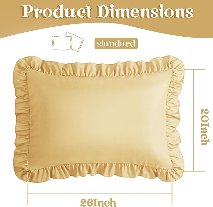 KKJIAF Ruffle Pillow Cases Standard Size Set of 2, Ruffled Pillow Covers with Envelope Closure, Wrinkle Resistant Ruffled Pillow Shams 20" x 26", Gold
