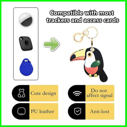 Leather Keychain Holder Case Compatible with AirTag,Cute Protective Cover with Keyring,Anti-Scratch Finder GPS Tracker Case for Wallet Keys,Bag,Pets,Backpack(Toucan)