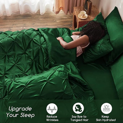 MR&HM Satin Comforter Twin 5 Pieces - Luxurious Pinch Pleat Bedding Set with Comforter, Flat Sheet, Fitted Sheet, Pillowcase & Sham, Super Silky Soft Bed Set for All Season (Twin, Dark Green)