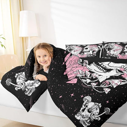 Butterfly Skull Comforter Set Twin Size Pink Mushroom Quilted Duvet Gothic Starry Galaxy Moon Bedding Set 2pcs for Kids Teens Girls Boys Bedroom Decor Trippy Plants Duvet Insert,1 Pillowcase