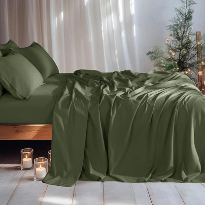 LBRO2M 100% Pure Linen Sheet Set Deep Pocket Up to 16" Bed Sheets Sets, Natural Flax Beddings Soft, Breathable, Comfortable for All Seasons 6 Pcs Sheet Set King Size, Olive Green