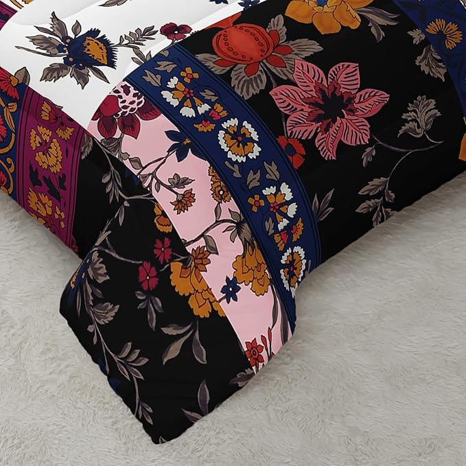 Boho Floral Comforter Set King Size Checkered Flower Bedding Sets 3PCS for Kids Teen Adult Retro Flowers Room Decor Ultra-Soft Lightweight Microfiber 1 Comforter with 2 Pillowcases