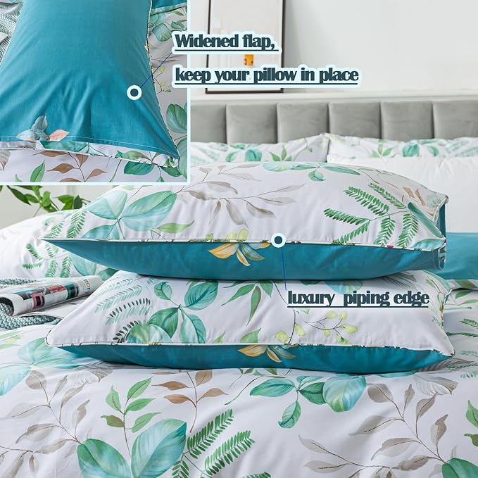 FADFAY Botanical Duvet Cover Sets King/Cal King Size 100% Cotton Teal Green Leaves Patterned Comforter Cover Aesthetic Bedding for All Season Soft Crisp Modern Bed Cover with Zipper 3 Pcs, King